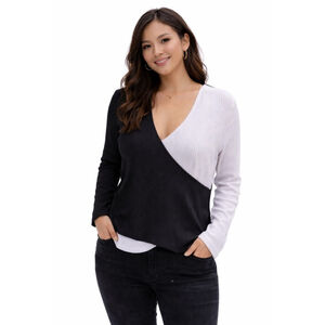 Black & White Colorblock Ribbed Wrap Top – Size Large